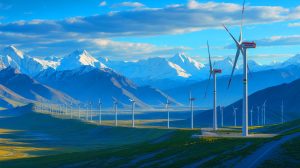 Illustration de l'installation du parc éolien à haute altitude au Tibet, générée par intelligence artificielle.