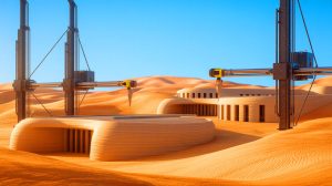 Illustration de deux écoles imprimées en 3D au Qatar, générée par intelligence artificielle.