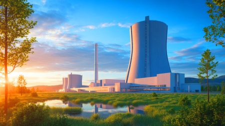 Illustration de la centrale nucléaire Aurora-INL d'Oklo, conception générée par intelligence artificielle.