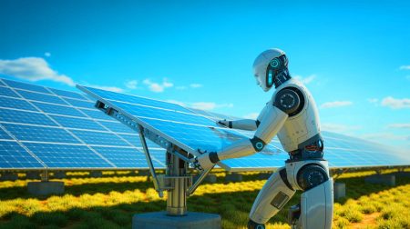 Illustration de l'automatisation de l'installation des panneaux solaires par le robot LUMI, générée par intelligence artificielle.