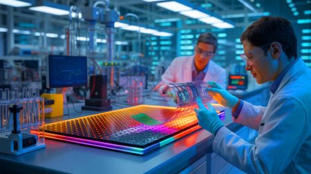 Illustration de la technologie innovante de KAUST pour optimiser l'efficacité des dispositifs thermoélectriques organiques, générée par intelligence artificielle.