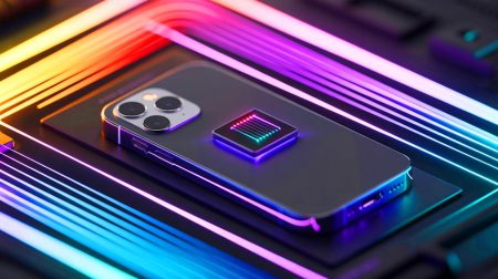 Illustration de l'intégration d'un spectromètre miniaturisé dans un smartphone, générée par intelligence artificielle.