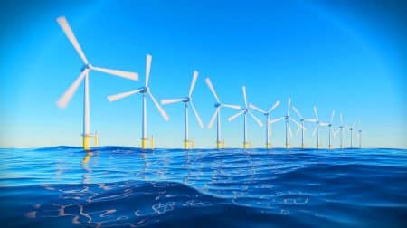 Illustration de l'effet de sillage sur les parcs éoliens en mer, générée par intelligence artificielle.
