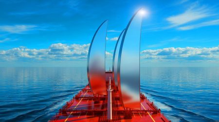 Illustration de pétroliers WindWings équipés de voiles géantes pour la réduction des émissions de CO2, générée par intelligence artificielle.