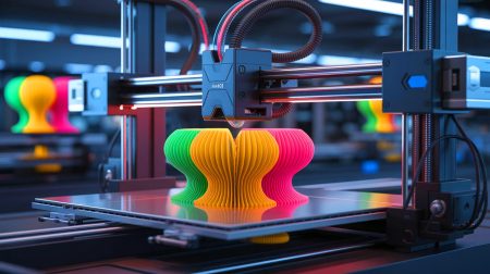 Illustration de l'innovation en impression 3D hybride combinant thermoplastiques et thermodurcissables, générée par intelligence artificielle.
