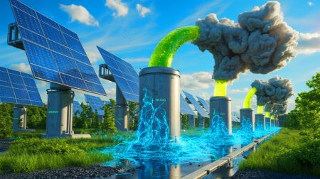 Illustration de la transformation du CO2 en composés chimiques précieux grâce à des panneaux solaires usagés, générée par intelligence artificielle.