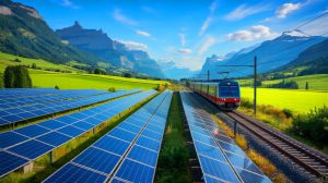 Illustration de panneaux solaires installés entre des rails de chemin de fer en Suisse, générée par intelligence artificielle.