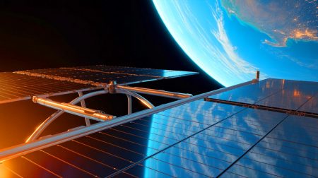 Illustration de la technologie ROSA déployée dans l'espace, générée par intelligence artificielle.