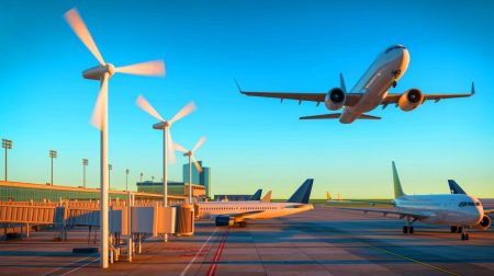 Illustration de mini-éoliennes sur le tarmac de l'aéroport de Dallas captant le vent des avions, générée par intelligence artificielle.