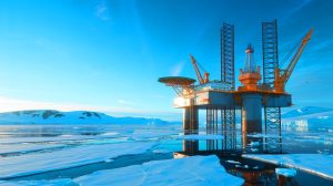 Illustration de la découverte par la Russie d'un gisement pétrolier sous l'Antarctique, générée par intelligence artificielle.