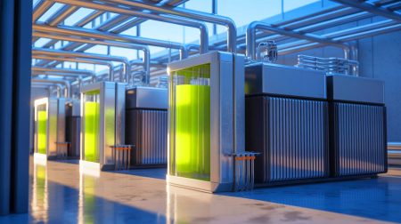 Illustration de l'innovation en stockage d'énergie renouvelable par batterie à flux organique, générée par intelligence artificielle.