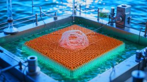 Illustration de l'extraction de lithium depuis l'eau de mer à l'aide d'une membrane d'argile, générée par intelligence artificielle.