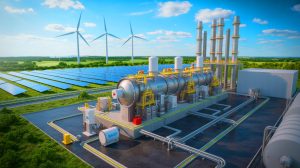 Illustration de l'électrolyseur de 54 MW de BASF à Ludwigshafen, produisant de l'hydrogène vert, générée par intelligence artificielle.