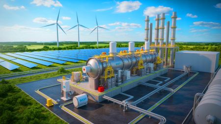 Illustration de l'électrolyseur de 54 MW de BASF à Ludwigshafen, produisant de l'hydrogène vert, générée par intelligence artificielle.