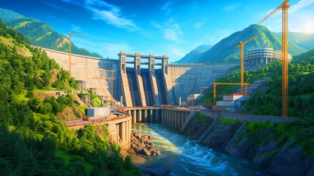 Illustration de la construction du plus grand barrage hydroélectrique au monde sur le fleuve Yarlung Zangbo, générée par intelligence artificielle.