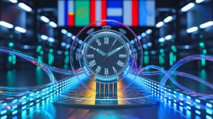 Illustration de la synchronisation des horloges optiques à travers plusieurs pays, générée par intelligence artificielle.