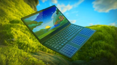 Illustration de l'ordinateur portable Yoga Solar de Lenovo équipé de cellules photovoltaïques, générée par intelligence artificielle.