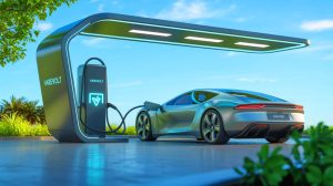 Illustration de la batterie VarEVolt capable de se recharger en 18 secondes, générée par intelligence artificielle.