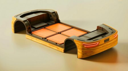 Illustration de la conception d'un boîtier de batterie innovant en bois et acier pour véhicules électriques, générée par intelligence artificielle.