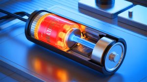 Illustration de la sécurité renforcée des batteries au lithium métal grâce à un système intégré de suppression d'incendie, générée par intelligence artificielle.