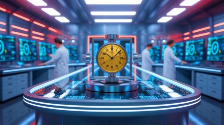 Illustration de l'utilisation d'une horloge nucléaire au thorium-229 pour détecter la matière noire, générée par intelligence artificielle.