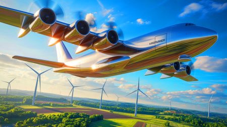 Illustration de l'avion cargo WindRunner conçu par Radia pour le transport des éoliennes terrestres. Image réalisée par IA.