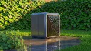 Illustration de la transformation de l'air en eau potable grâce à un cube futuriste, générée par intelligence artificielle.