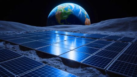 Illustration de la transformation de poussière lunaire en panneaux solaires, générée par intelligence artificielle.