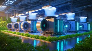 Illustration de la collaboration entre Oklo et Vertiv pour le refroidissement des centres de données avec une technologie nucléaire innovante, générée par intelligence artificielle.