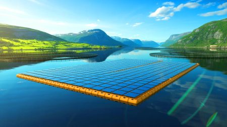 Illustration de la centrale solaire flottante d'Emilsen Fisk en Norvège, réduisant l'utilisation de diesel. Image réalisée par IA.