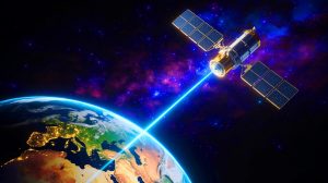 Illustration de la transmission de données à haute vitesse depuis un satellite chinois en orbite. Image réalisée par IA.