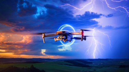Illustration de drones japonais capturant la foudre pour produire de l'énergie, générée par intelligence artificielle.