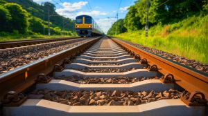 Illustration de l'utilisation de caoutchouc recyclé pour prolonger la durée de vie des infrastructures ferroviaires, générée par intelligence artificielle.
