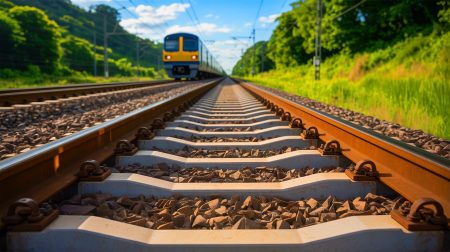 Illustration de l'utilisation de caoutchouc recyclé pour prolonger la durée de vie des infrastructures ferroviaires, générée par intelligence artificielle.