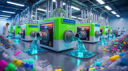 Illustration de l'innovation dans le recyclage enzymatique du plastique, générée par intelligence artificielle.