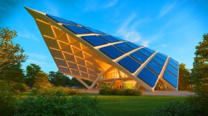 Illustration de la façade du Pavillon Novartis à Bâle recouverte de modules solaires, générée par intelligence artificielle.