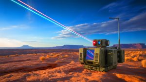 Illustration de la transmission d'énergie par laser à haute énergie sur de longues distances, générée par intelligence artificielle.