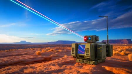 Illustration de la transmission d'énergie par laser à haute énergie sur de longues distances, générée par intelligence artificielle.