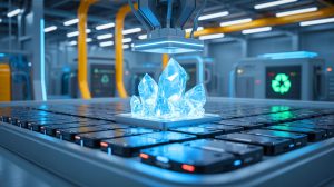 Illustration de la récupération de lithium de haute pureté à partir de batteries usagées, générée par intelligence artificielle.