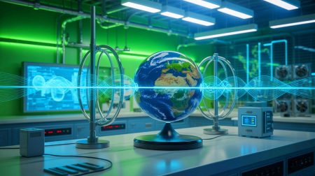 Illustration de l'exploitation du champ magnétique terrestre pour produire de l'électricité, générée par intelligence artificielle.