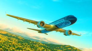 Illustration de l'avenir de l'aviation avec des moteurs hydrogène-électrique, générée par intelligence artificielle.