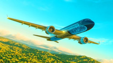 Illustration de l'avenir de l'aviation avec des moteurs hydrogène-électrique, générée par intelligence artificielle.