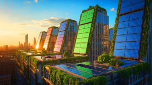 Illustration de cellules éco-solaires intégrées dans l'architecture urbaine, générée par intelligence artificielle.