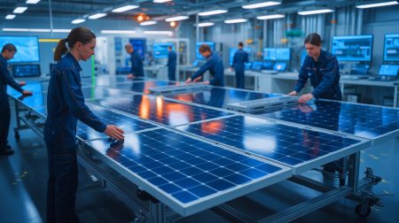 Illustration de la production de panneaux solaires pour satellites dans le centre technologique de Sierra Space. Image réalisée par IA.