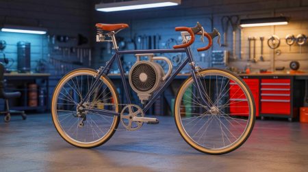 Illustration d'un vélo propulsé par un moteur Stirling, générée par intelligence artificielle.