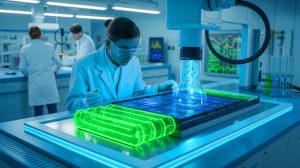 Illustration de l'observation en temps réel du flux d'énergie dans des batteries grâce à l'imagerie aux rayons X, créée par intelligence artificielle.