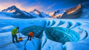 Illustration de la découverte d'un cœur de glacier vieux de 12 000 ans dans les Alpes, créée par intelligence artificielle.