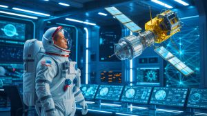 Illustration de l'astronaute Stephen Robinson face au satellite révolutionnaire de Proteus Space, créée par intelligence artificielle.