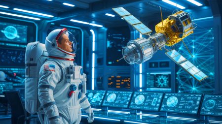 Illustration de l'astronaute Stephen Robinson face au satellite révolutionnaire de Proteus Space, créée par intelligence artificielle.