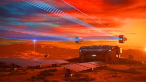 Illustration de la transmission d'énergie sans fil sur une longue distance, générée par intelligence artificielle.